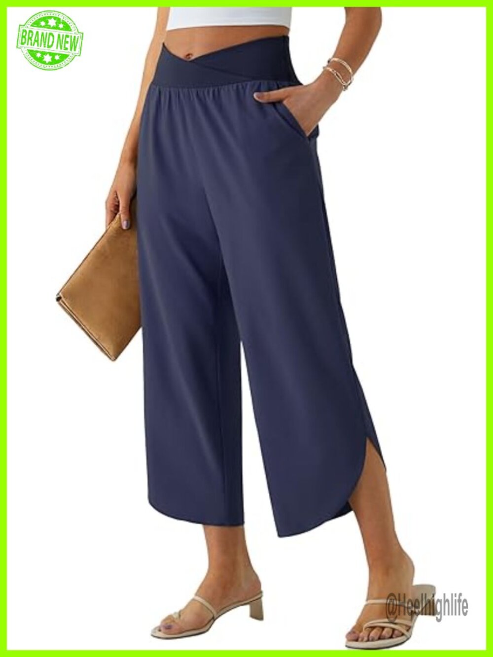 Wide Leg Capri Pants Crossover High Waist Casual Palazzo Slacks with Pockets